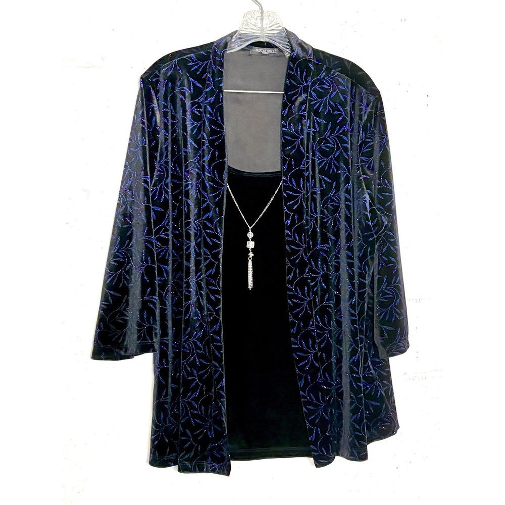 Notations 2X Blue Velour Cardigan Attached  Black TOP Glitter Floral Necklace